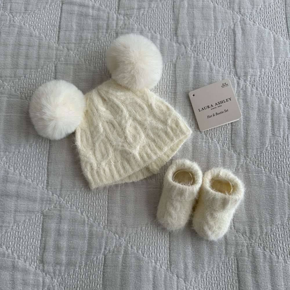 Laura Ashley Knit Pom-Pom Hat and Bootie Set